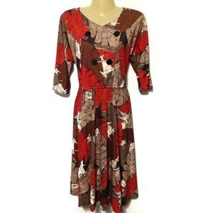 Vintage 90s bold leaf print double breasted midi dress size 10 petite